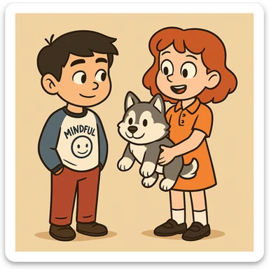 A boy Mindful Blue Original Long Sleeve T blue jeans brown shoe Chinese boy black hair Ringer T White Navy red trousers black shoe Siberian Girl red hair Orange Pro polo dress with socks black loafer a shoe Husky plushie  sticker
