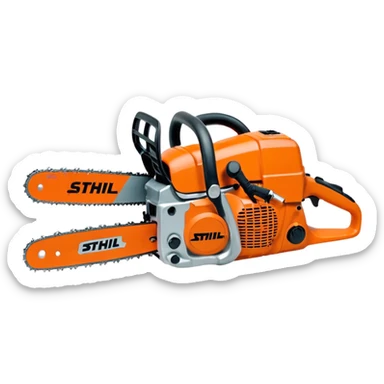 Kettensäge vom STIHL mit grauem Gehäuse, orangenem Deckel und schwarzen Griffen, die Schiene ist Grau mit Kette, seitlich ist das STIHL Logo in weißer Schrift in einem orangenem Kreis platziert sticker