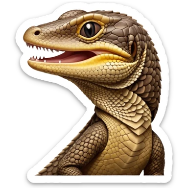 Cinematic Cute Yawning brown camo spotted monitor Lizard Portrait Emoji, Head tilted slightly with a dramatic, wide-open yawn, showcasing textured, patterned scales and sleepy, half-closed eyes exuding relaxed charm, Simplified yet irresistibly adorable features, highly detailed, glowing with a soft, cozy glow, high shine, relaxed yet expressive, stylized with a dash of whimsical wildness, soft glowing outline, capturing the essence of a drowsy yet affectionate reptile that appears ready to stretch out for a nap! sticker