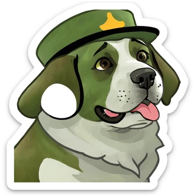 Brown & white Saint Bernard dog wearing a derby hat sticker