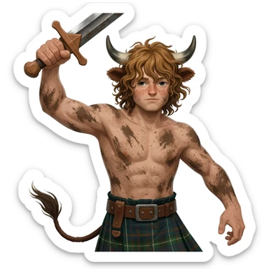 buff curly hairy man covered in dirt with freckles with messy light brown bangs that covers his face completely with bull horns and bull ears and bull tail dressed in kilt rising claymore with wind in his hair with belt around his chest sticker