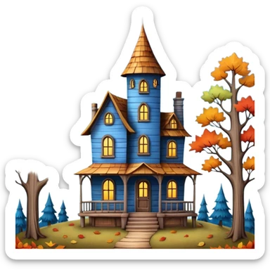  whimsical fantasy style scene of a tall skinny house among tall trees that are a mixture of lush and bare  trees that have a few colored fall leaves. Mysterious but warm inviting, clouded over blue quarter moon shape behind house. Still life very detailed & hyperrealistic  sticker