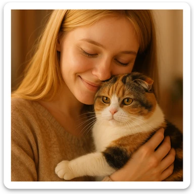blonde girl snuggling a Scottish Fold cat with three colors, warm and affectionate scene sticker