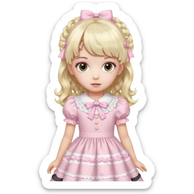pale girl , who has curly medium length blonde and baby pink swirled hair with bangs , grey eyes , and doll like makeup , in a light pink lolita hime gyaru dress emoji | AI Emoji Generator sticker
