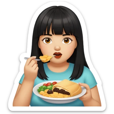 Medium skin girl with bangs black long hair plus size with food sticker