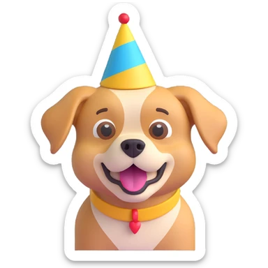 animated 3D emoji of a dog wearing a party hat sticker