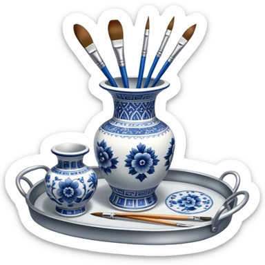 Metal painting icon, a metal vase with intricate designs in Gzhel and Chinese embroidery styles, placed on a metal tray, 3 paintbrushes beside it, minimalistic style, clean lines, transparent background. sticker