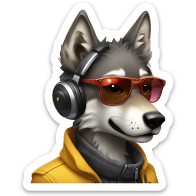 A beautiful cyberpunk Wolf holding a beef wearing sunglass and headphones sticker