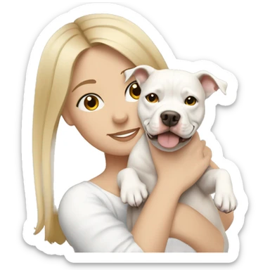 bronde pale girl hugging white pitbull sticker
