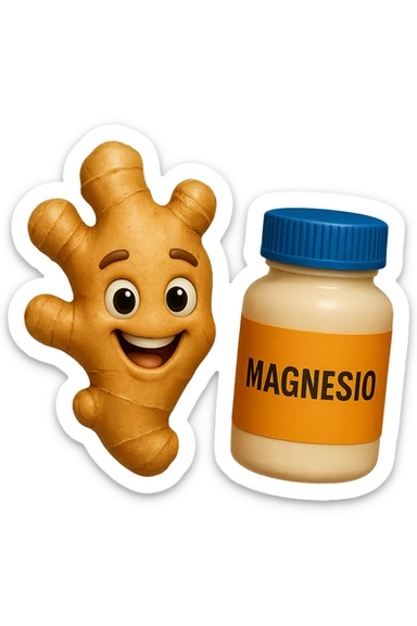 emoji stile iphone 3d di un pezzetto di zenzero e una boccetta di magnesio con la scritta "MAGNESIO" SULL'ETICHETTA CHE FLUTTUANO IN ARIA, iperrealistico 4k sticker