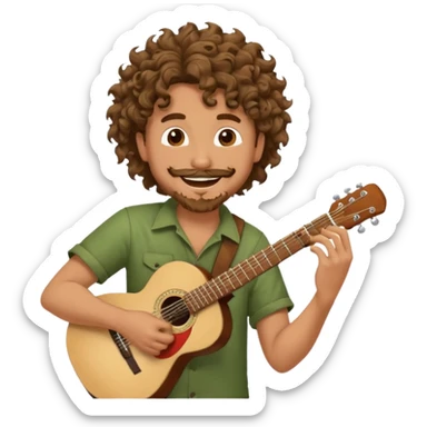 Generate a dude with curly hair and a shitty goatee who is high on marijuana playing the guitar and twisting a strand of his hair sticker