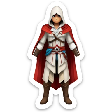 icon featuring Assasin's Creed in an iconic assassin's hood, standing tall against the backdrop of Florence. The design captures the essence of adventure, with intricate details of historical architecture and a sense of mystery. The character is poised, ready for action. transparent background. sticker
