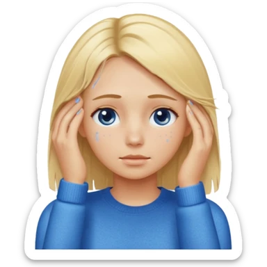 Girl massaging her head with blonde wet hair with anti-dark circles patches in her eyes dressed in a blue sweater sticker