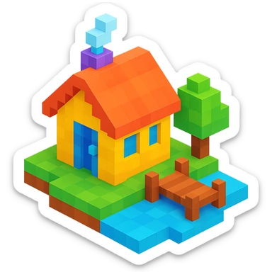 a small lakeside cottage in voxel style sticker