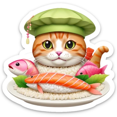 cat wearing a sushi hat with rice base, multiple fish pieces on top, wasabi accent, pink ginger slices, and lots of soy sauce heavily dripping down the sides sticker