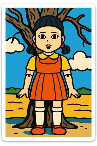 cartoon style illustration of the Squid Game doll from the first game sticker