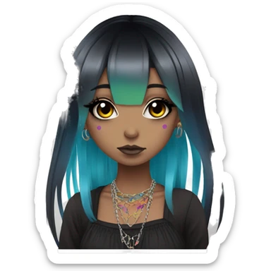hime gyaru girl, long black hair with rainbow fringe, tattoos, dark makeup, goth grunge clothes sticker