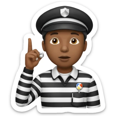 A black calm referee with striped shirt, wearing a cap while blowing a whistle, pointing clearly toward the field. sticker