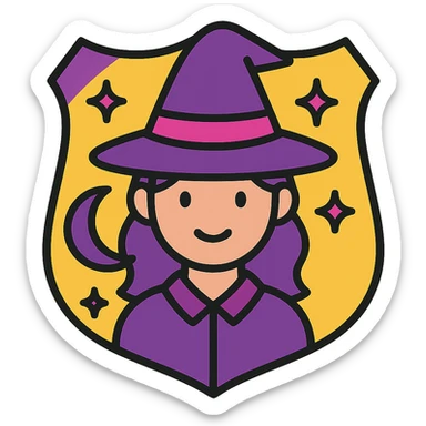 Transform this girly enforcer badge icon with witchy vibes by adding a witch hat, crescent moon, and magical sparkles. Keep it in icon style with no background. sticker