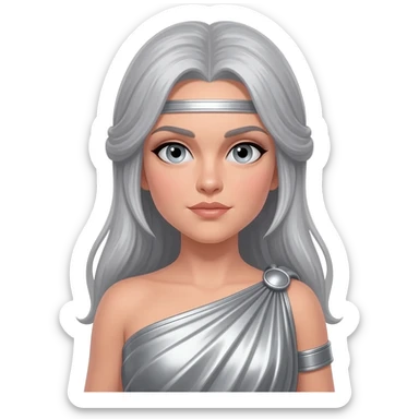 Diana from Roman Mythology with grey eyes, long silver hair, silver metallic peplos sticker