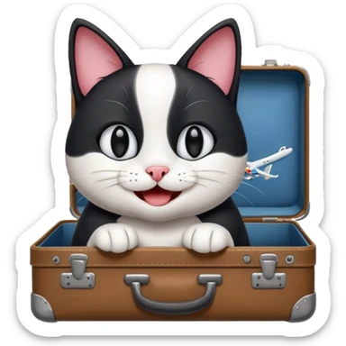 Lachende scwarz weiße Katze verreist mit koffer und flugzeug sticker