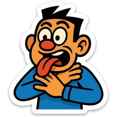 exaggerated slapstick person with crossed eyes, tongue out, hands on neck, comic style, playful and humorous sticker