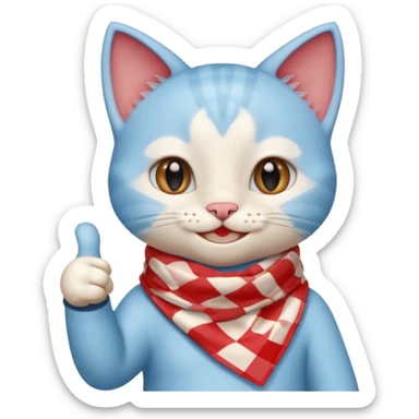 A Baby Blue Cat smiling and giving thumbs up, wearing red Checkered Triangle scarf sticker
