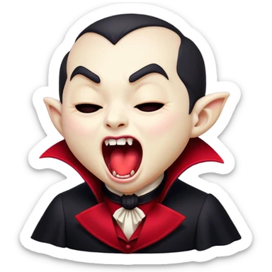 Cinematic Cute Yawning Vampire Portrait Emoji, with a small, rounded, charming pale face accented with tiny playful fangs and droopy, half-closed eyes, head tilted in an adorable wide yawn, dressed in miniature elegant dark attire with a hint of crimson, simplified yet irresistibly endearing, highly detailed with a soft, mysterious glow and gentle outline that captures the cute, drowsy side of an immortal! sticker