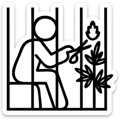 Simple outlined icon of a man sitting behind bars, trimming cannabis buds with scissors. sticker