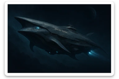 capital class space cruiser supercarrier of Zrian [human] origins, named the "Ophion Tempest"
The ship has a sleek design, mimicking a prehistoric sea-mammal or Cetacea  sticker