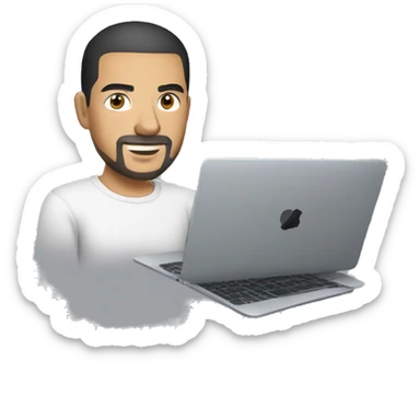 mexican man buzz cut hair with black stubble beard and black eyes in casual clothes, holding macbook laptop. sticker