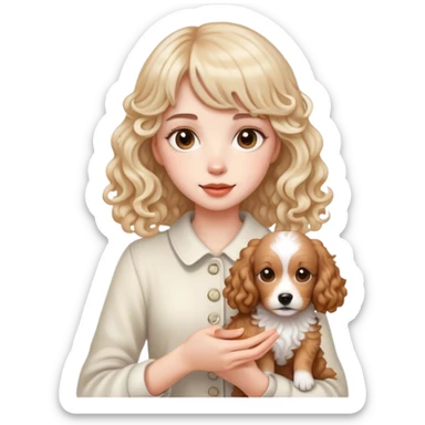 A beautiful girl with long bangs holding a light-colored curly dog sticker