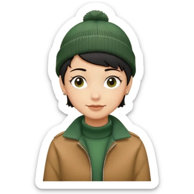 tan skin, non binary adult with pixie cut black hair, wearing brown jacket and dark green beanie, shy smile  sticker