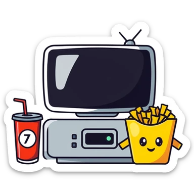character watching TV with chips and soda sticker