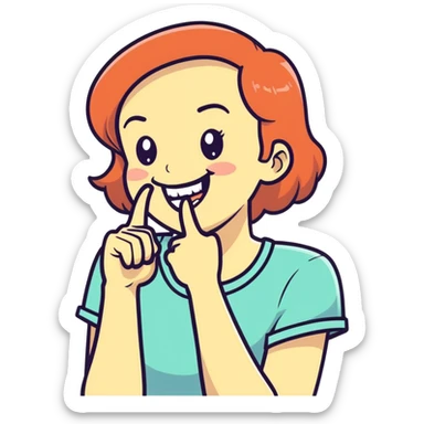 Women with finger at the edge of top tooth winking  sticker