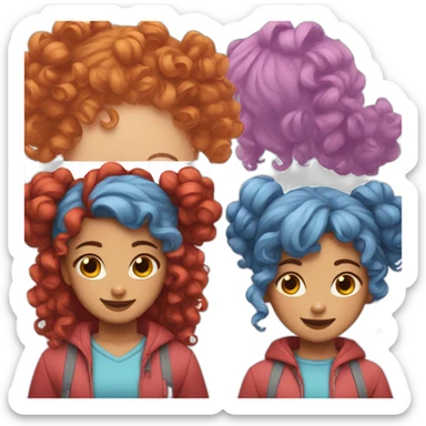 Girl with curly hair in two buns, one with red hair and the other with blue hair sticker