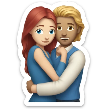 White Man with long hair and blue eyes hugging a white red hair woman sticker