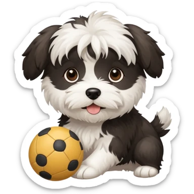 white Havenese with black spots dog standing with small ball sticker