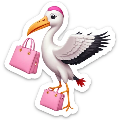 One white stork carrying a pink bag while flying  sticker