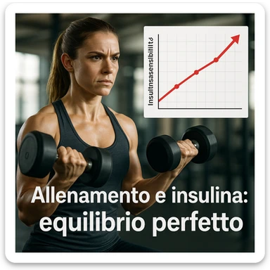 woman in gym doing dumbbell exercises, next to her a chart showing improvement in insulin sensitivity, determined expression, Italian text 'Allenamento e insulina: equilibrio perfetto', 4K quality sticker
