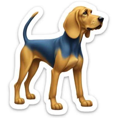 A Blue and yellow bloodhound dog standing erect on its hind legs ready to box. sticker