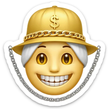 Money emoji with a money hat on it with grilled teeth and a silver chain  sticker