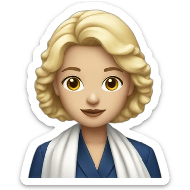 blonde girl in deep blue suit with white shawl sticker