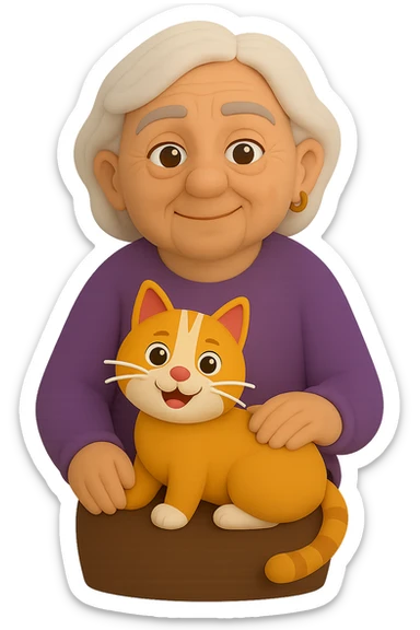 Create more poses of the grandmother holding the cat in Microsoft style 3D fluent emojis. Show different arm positions, with the cat sitting on her lap or on her shoulder. No background, transparent. sticker