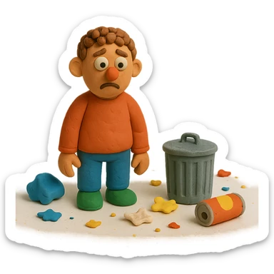 Make the trash on the floor look much messier, with more scattered items, in a claymation style, no background. sticker