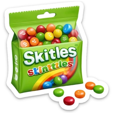 A very colorful Skittles candy package in bright rainbow colors, partially open with only green Skittles visible inside and a few green candies next to it. sticker