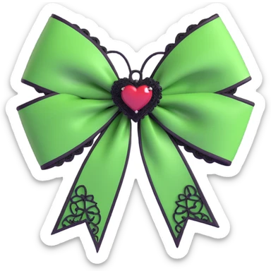 green gothic bow with black lace trim and heart charm, remove background sticker