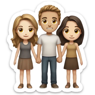two girls and one guy holding hands white skin, brown eyes, brown hair sticker