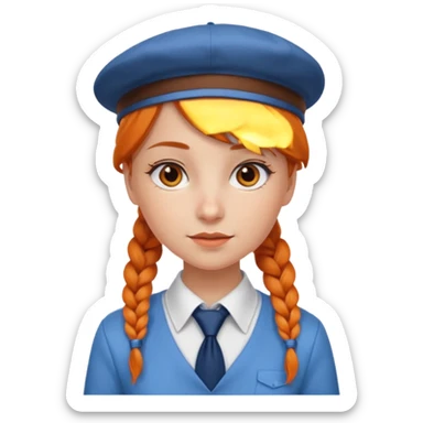 orange braided hair girl, wearing white shir, a brown berret Hat, Blue Necktie sticker