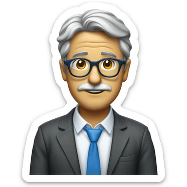 Quiero crear un emoji con una cara parecida a la mía en el que aparezca un profesor de contabilidad, con gafas de pasta azules, con no mucho pelo deunos 55 años sticker